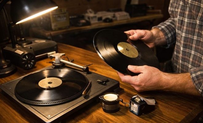 “Estate vinyl record collection being appraised by professional buyer”